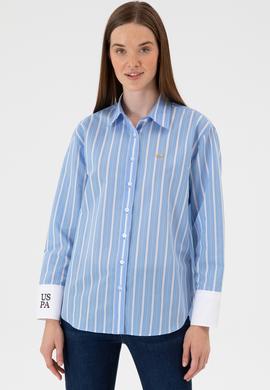 Kadın Açık Mavi Çizgili Uzun Kollu Gömlek - 50316416005