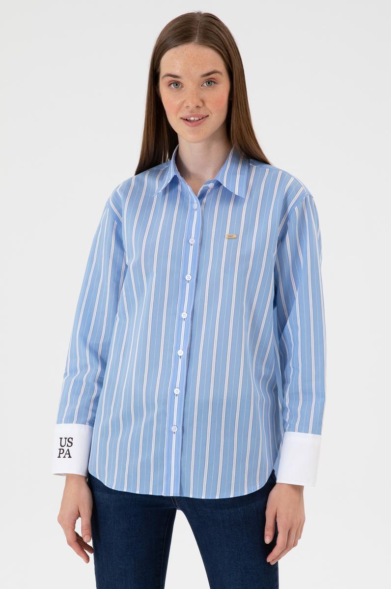 Kadın Açık Mavi Çizgili Uzun Kollu Gömlek
