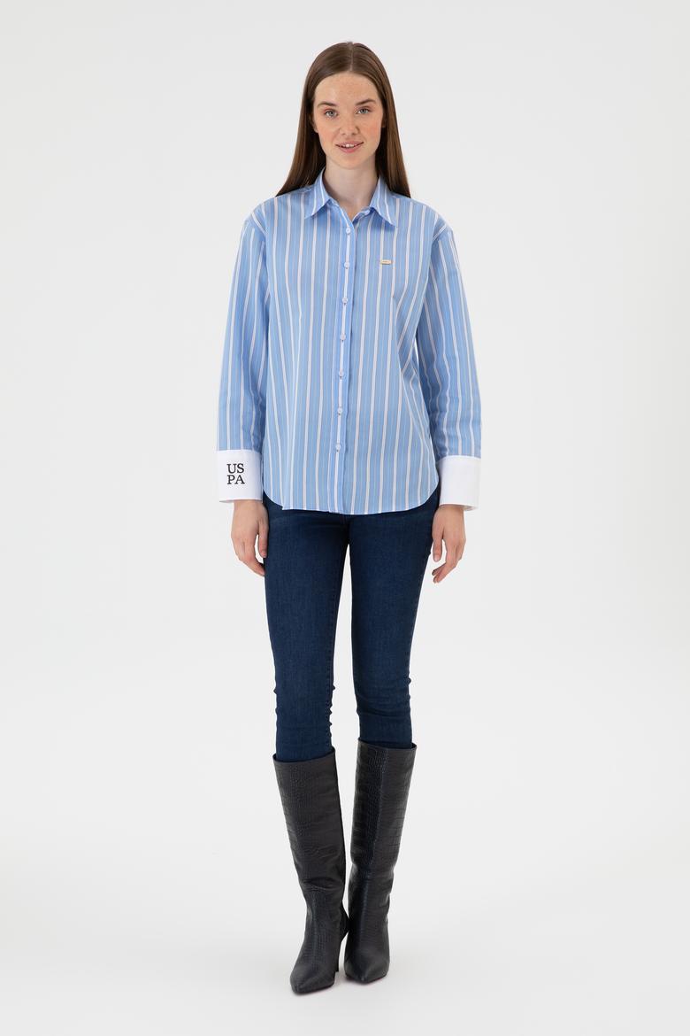 Kadın Açık Mavi Çizgili Uzun Kollu Gömlek - 50316416005