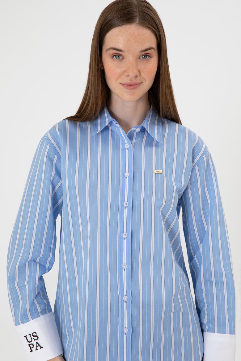 Kadın Açık Mavi Çizgili Uzun Kollu Gömlek - 50316416005