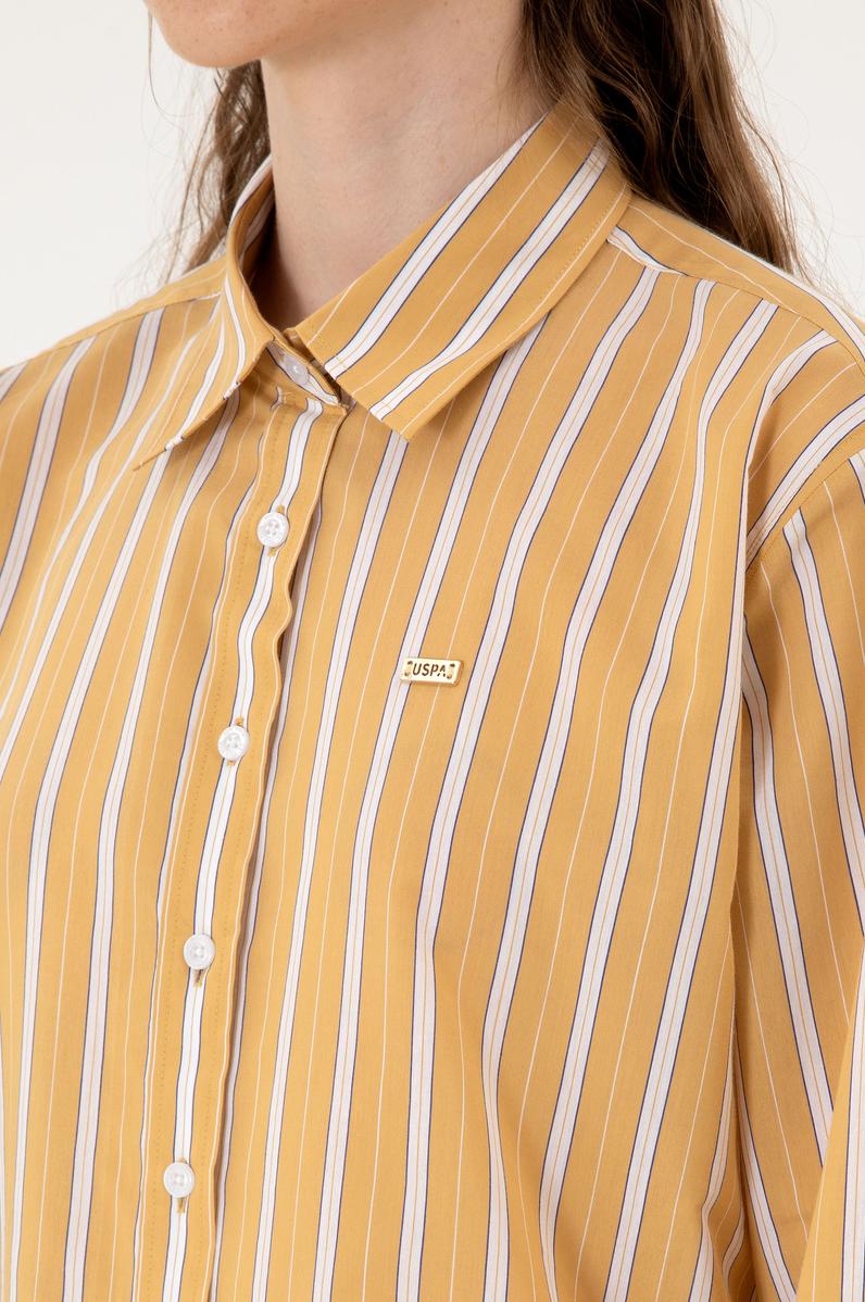 Kadın Hardal Çizgili Uzun Kollu Gömlek