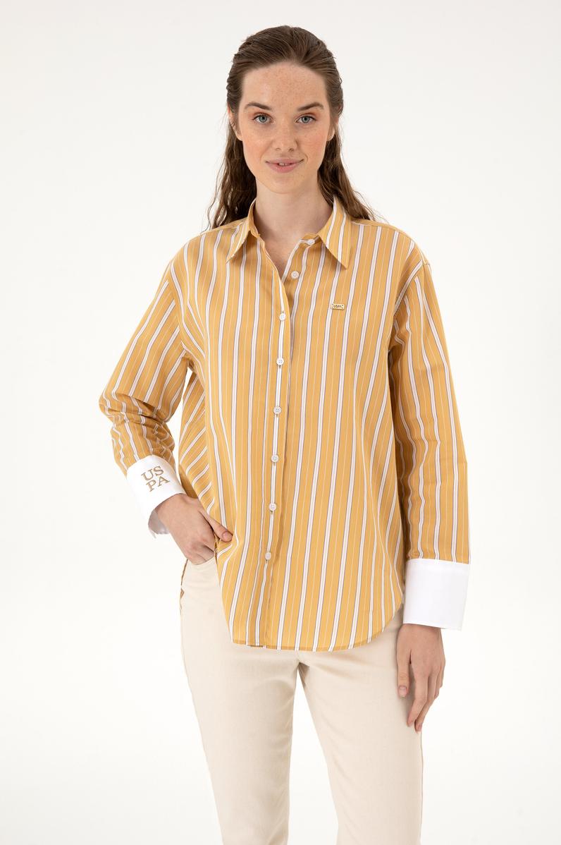 Kadın Hardal Çizgili Uzun Kollu Gömlek