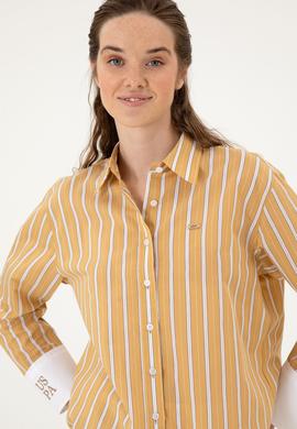 Kadın Hardal Çizgili Uzun Kollu Gömlek - 50316416010