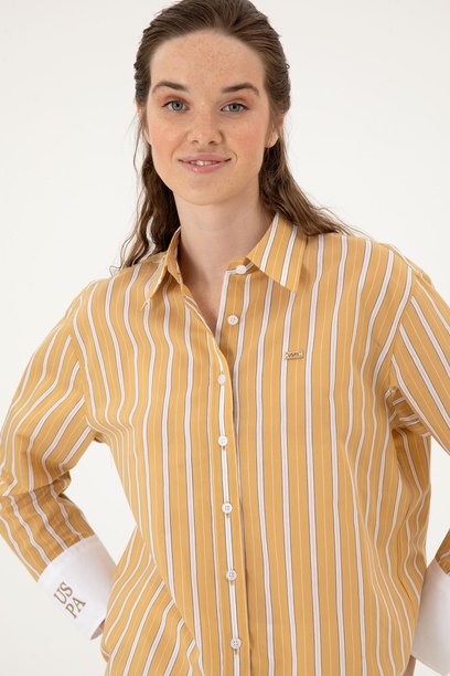 Kadın Hardal Çizgili Uzun Kollu Gömlek