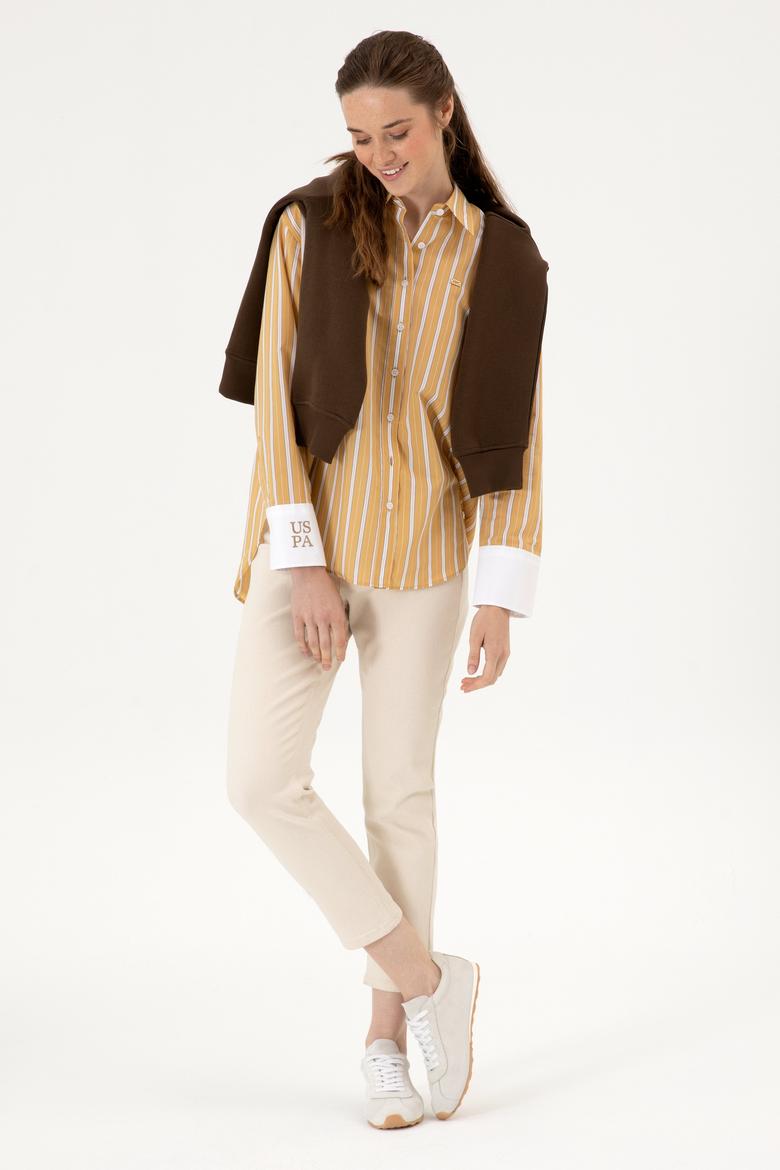 Kadın Hardal Çizgili Uzun Kollu Gömlek - 50316416010