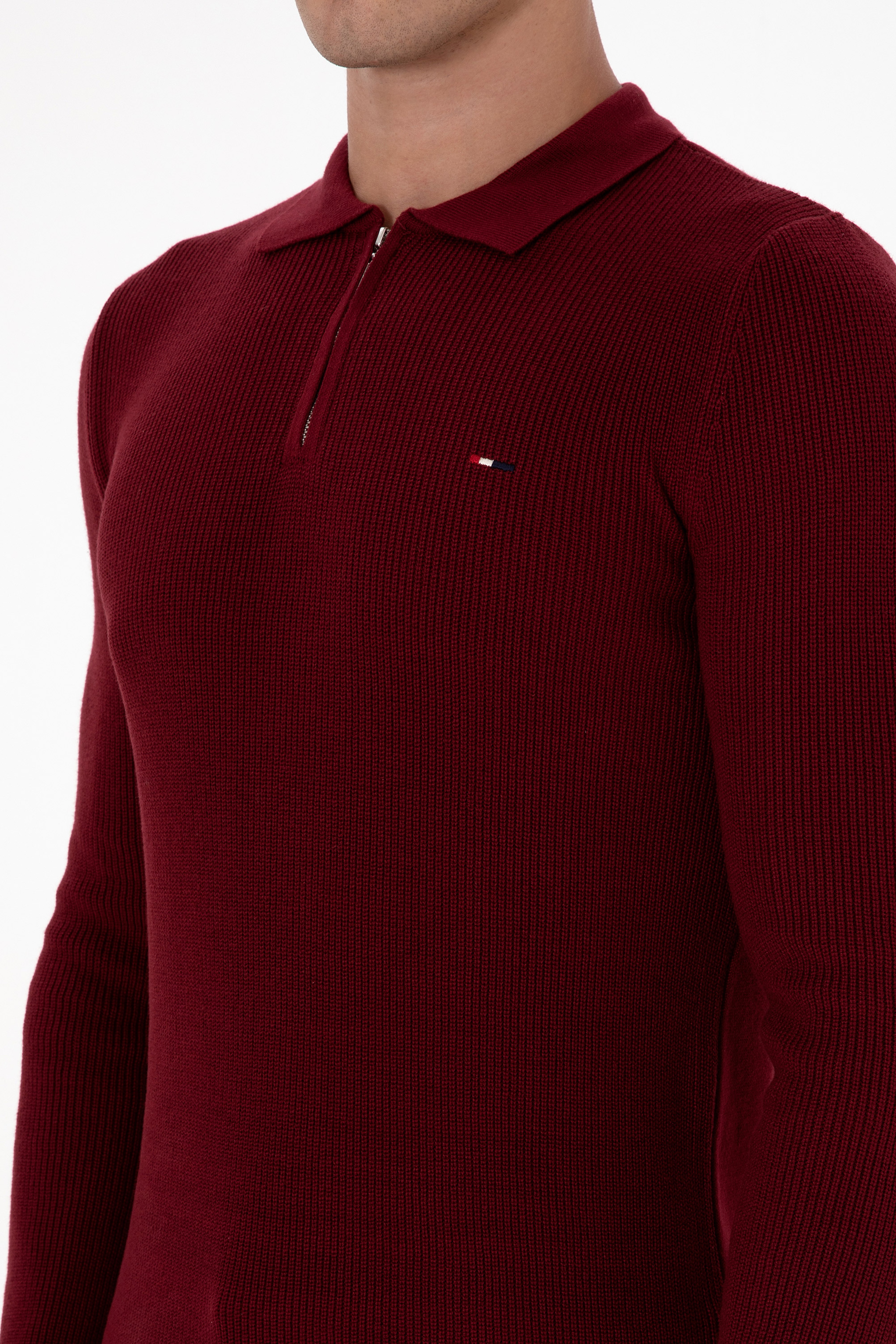 Erkek Regular Fit Yarım Fermuarlı Bordo Basic Kazak