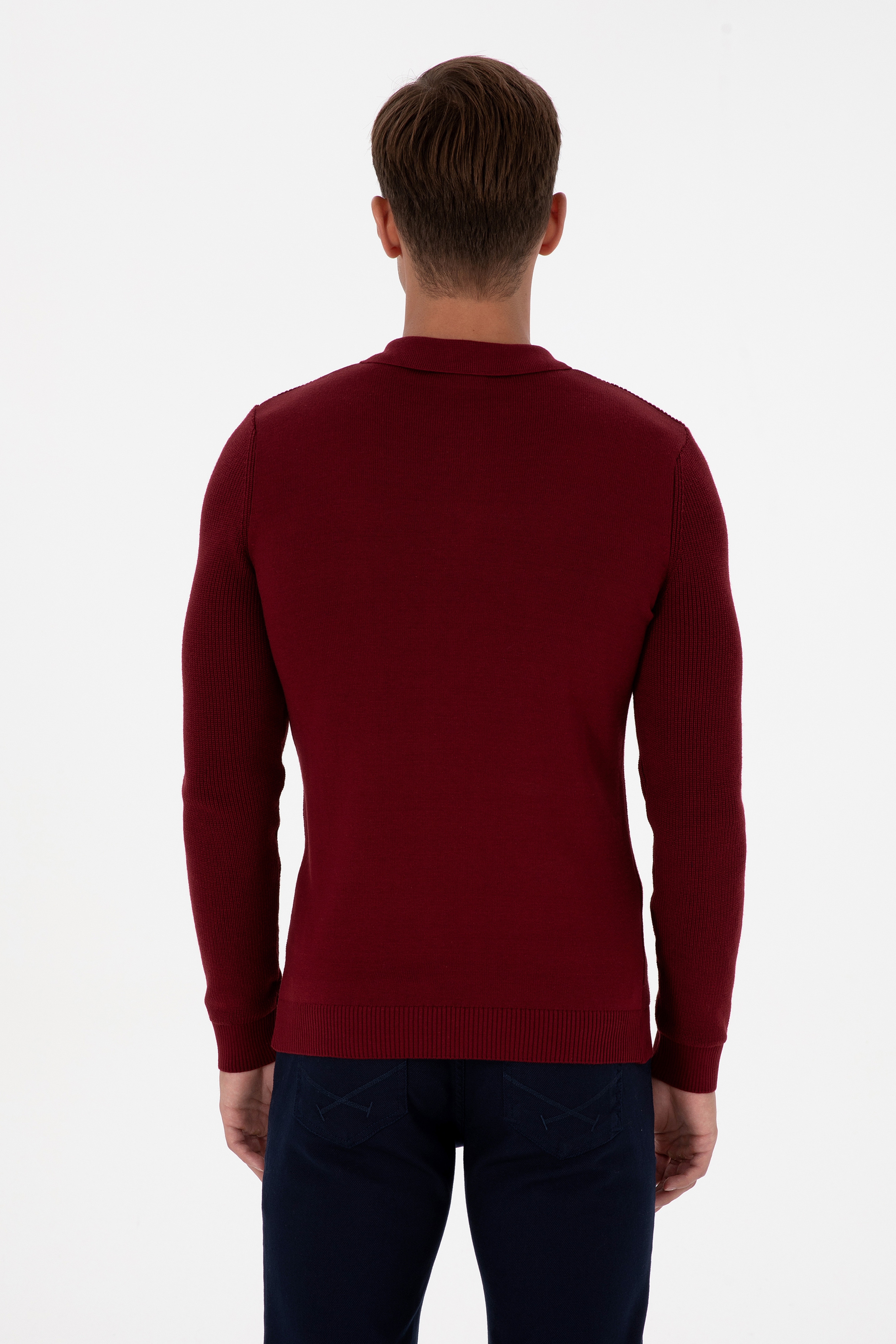 Erkek Regular Fit Yarım Fermuarlı Bordo Basic Kazak