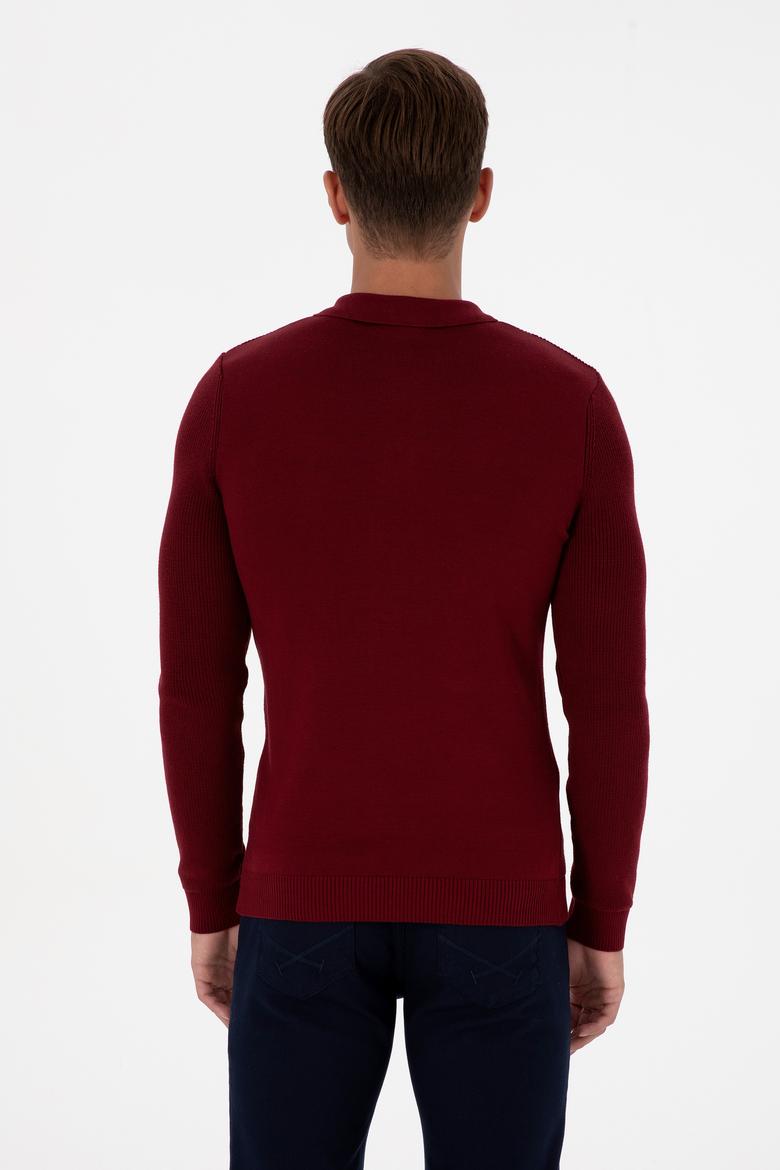 Erkek Regular Fit Fermuarlı Bordo Basic Kazak - 50313685026