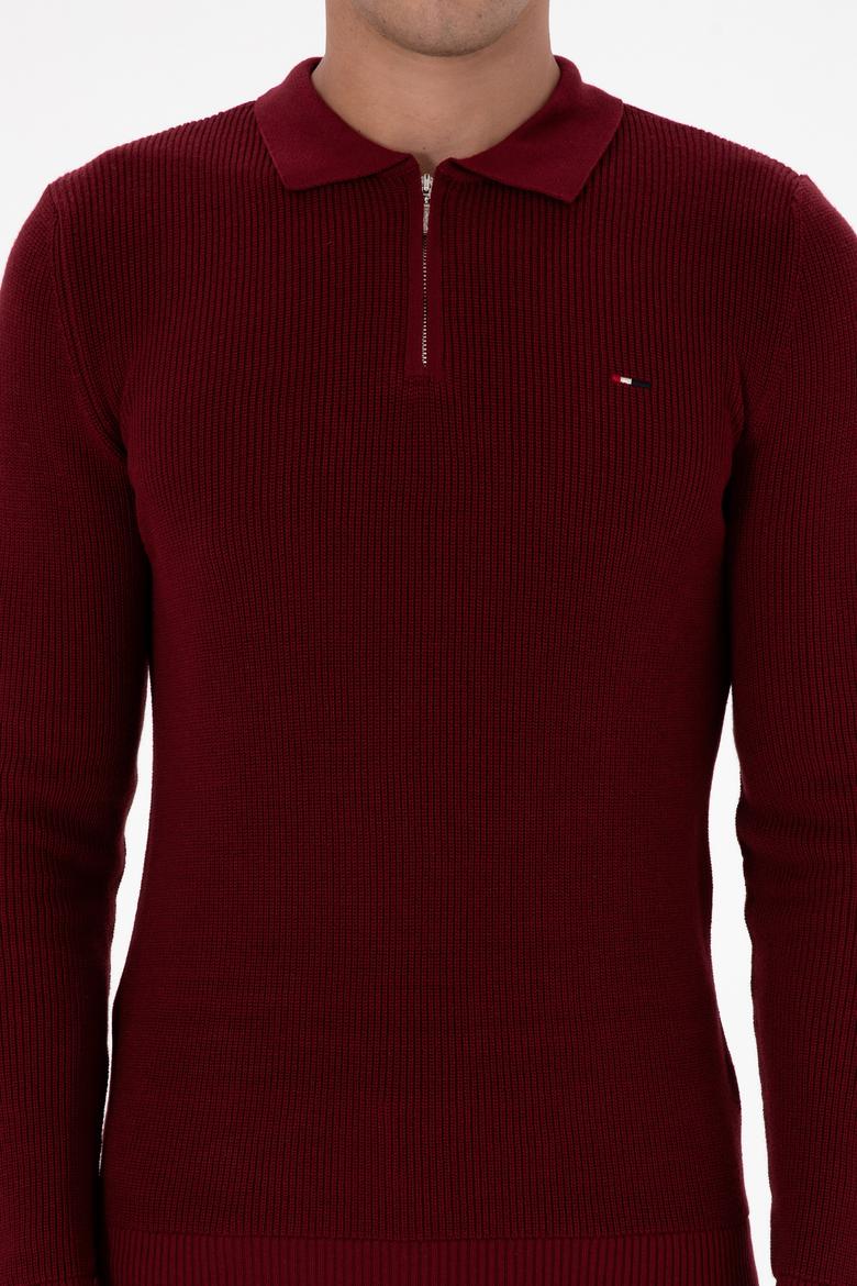Erkek Regular Fit Fermuarlı Bordo Basic Kazak - 50313685026