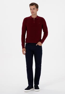 Erkek Regular Fit Fermuarlı Bordo Basic Kazak - 50313685026