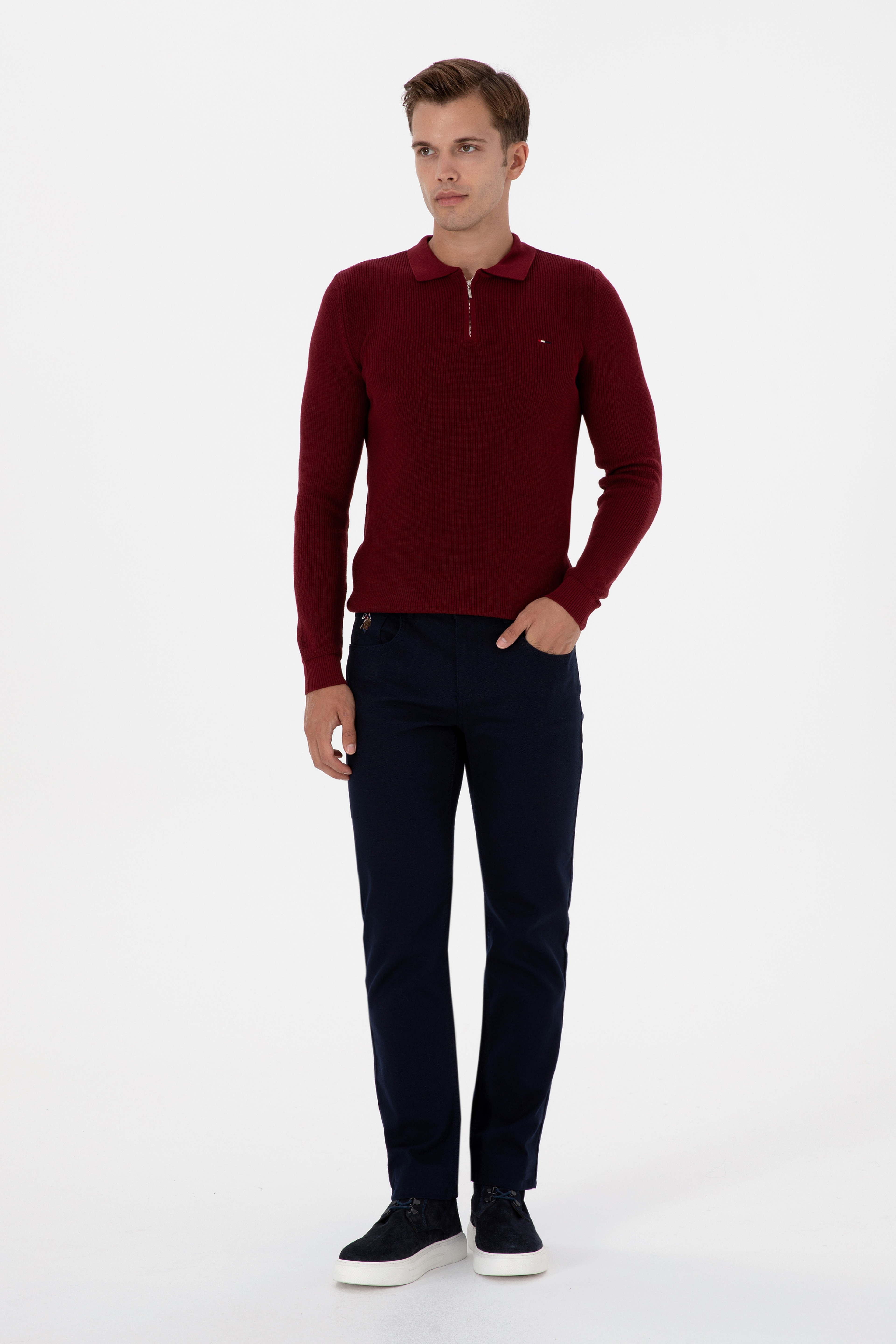 Erkek Regular Fit Yarım Fermuarlı Bordo Basic Kazak - Image 4