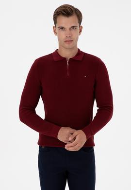 Erkek Regular Fit Fermuarlı Bordo Basic Kazak - 50313685026