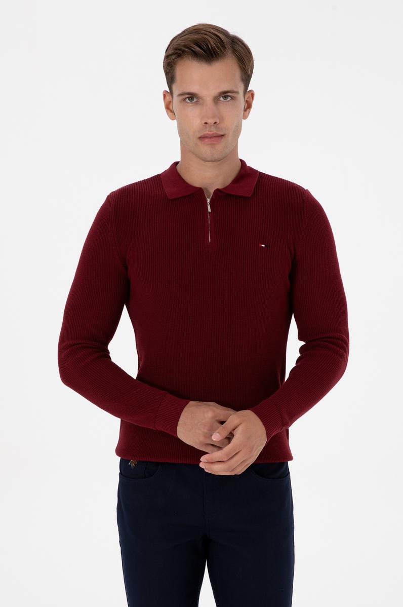Erkek Regular Fit Fermuarlı Bordo Basic Kazak