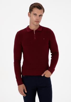Erkek Regular Fit Fermuarlı Bordo Basic Kazak - 50313685026