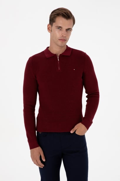 Erkek Regular Fit Yarım Fermuarlı Bordo Basic Kazak