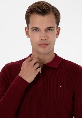 Erkek Regular Fit Fermuarlı Bordo Basic Kazak - 50313685026
