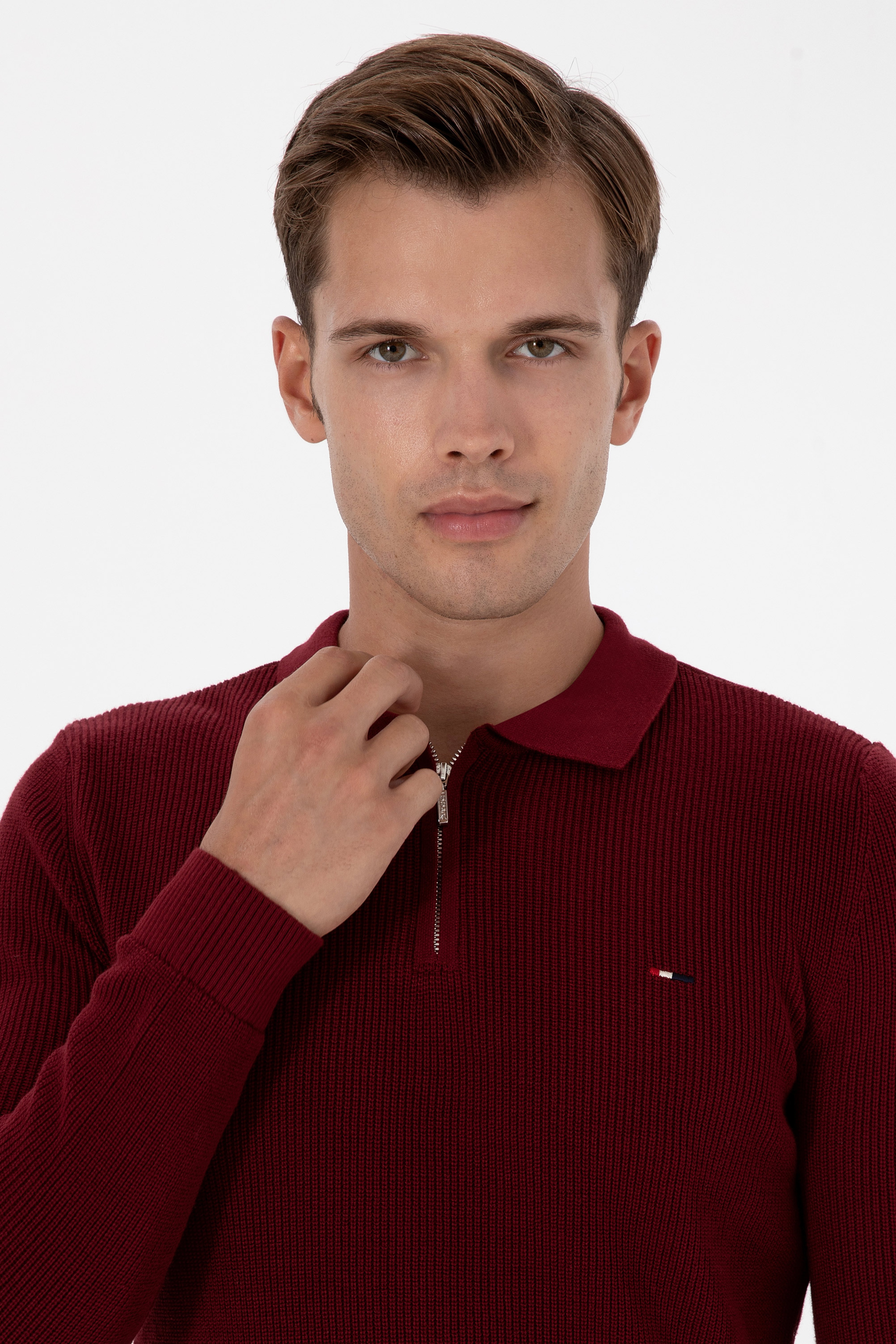 Erkek Regular Fit Yarım Fermuarlı Bordo Basic Kazak - Image 2