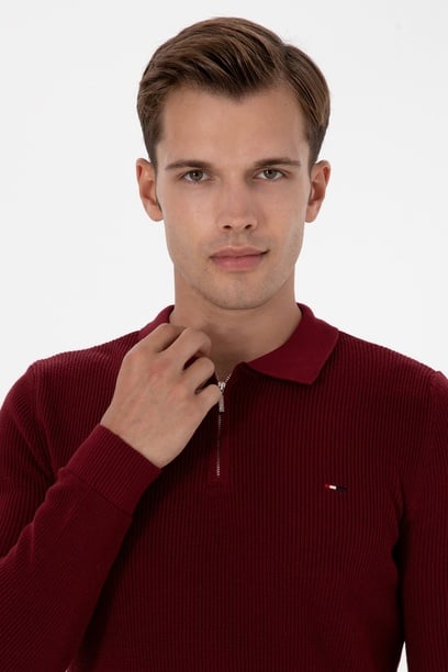 Erkek Regular Fit Yarım Fermuarlı Bordo Basic Kazak