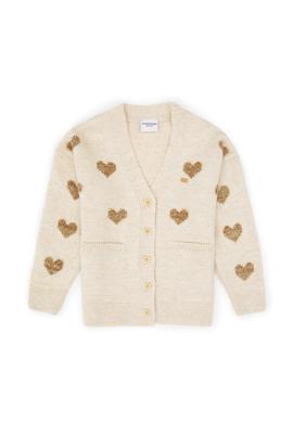 Kız Çocuk Krem Simli Kalp Desenli Düğmeli V Yaka Triko Hırka - 50317620008