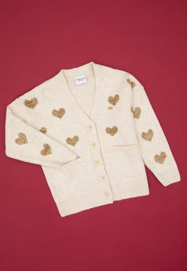 Kız Çocuk Krem Simli Kalp Desenli Düğmeli V Yaka Triko Hırka - 50317620008