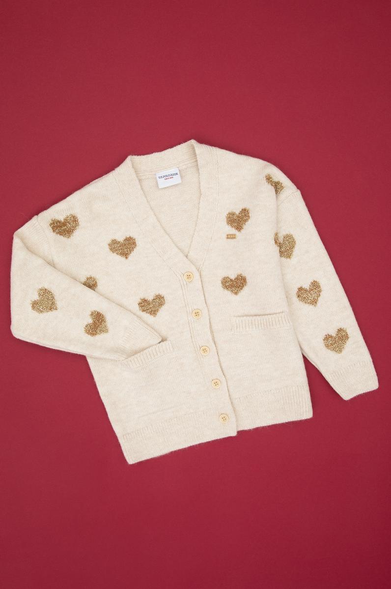 Kız Çocuk Krem Simli Kalp Desenli Düğmeli V Yaka Triko Hırka