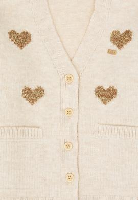 Kız Çocuk Krem Simli Kalp Desenli Düğmeli V Yaka Triko Hırka - 50317620008