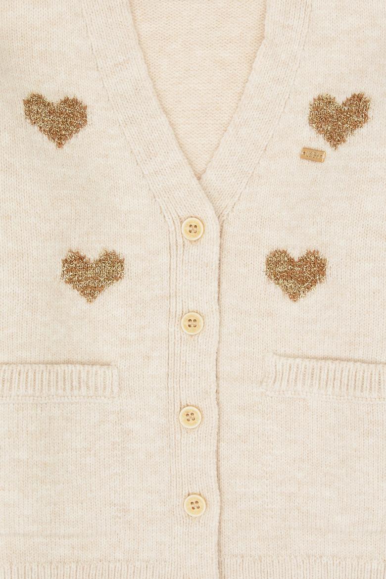 Kız Çocuk Krem Simli Kalp Desenli Düğmeli V Yaka Triko Hırka - 50317620008