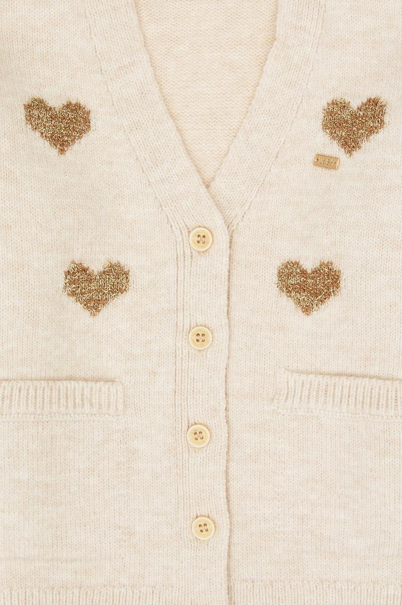 Kız Çocuk Krem Simli Kalp Desenli Düğmeli V Yaka Triko Hırka
