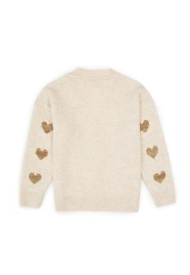 Kız Çocuk Krem Simli Kalp Desenli Düğmeli V Yaka Triko Hırka - 50317620008