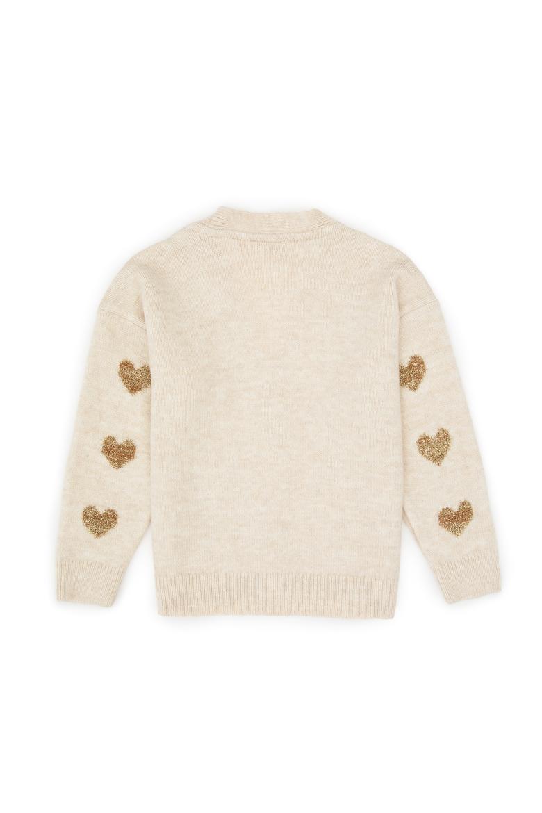 Kız Çocuk Krem Simli Kalp Desenli Düğmeli V Yaka Triko Hırka - 50317620008