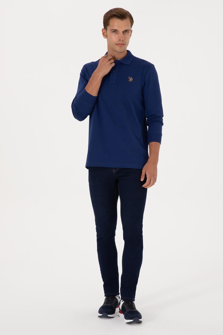 Erkek Regular Fit Polo Yaka İndigo Basic Sweatshirt - 50313772117