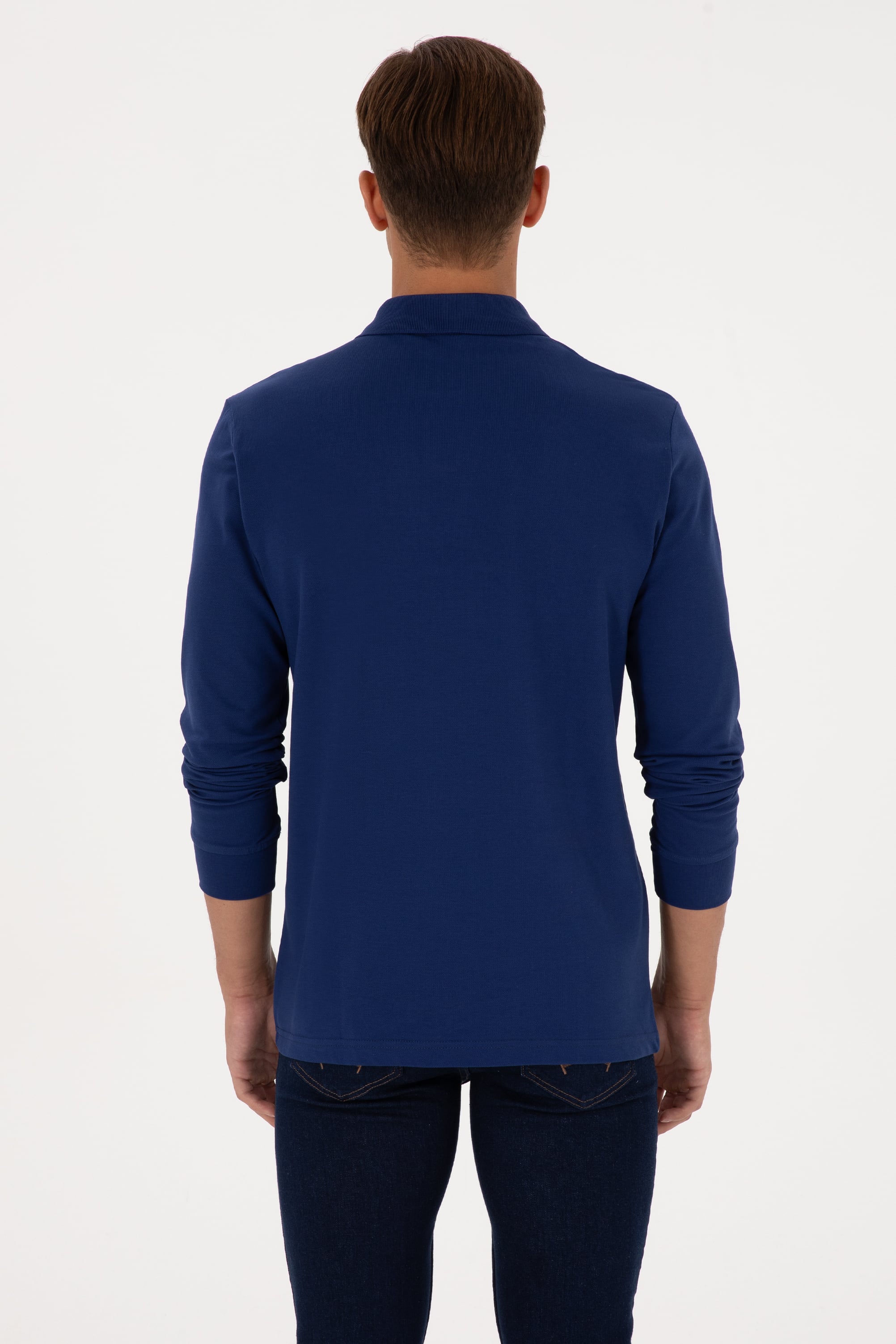 Erkek Regular Fit Polo Yaka İndigo Basic Sweatshirt - Image 5