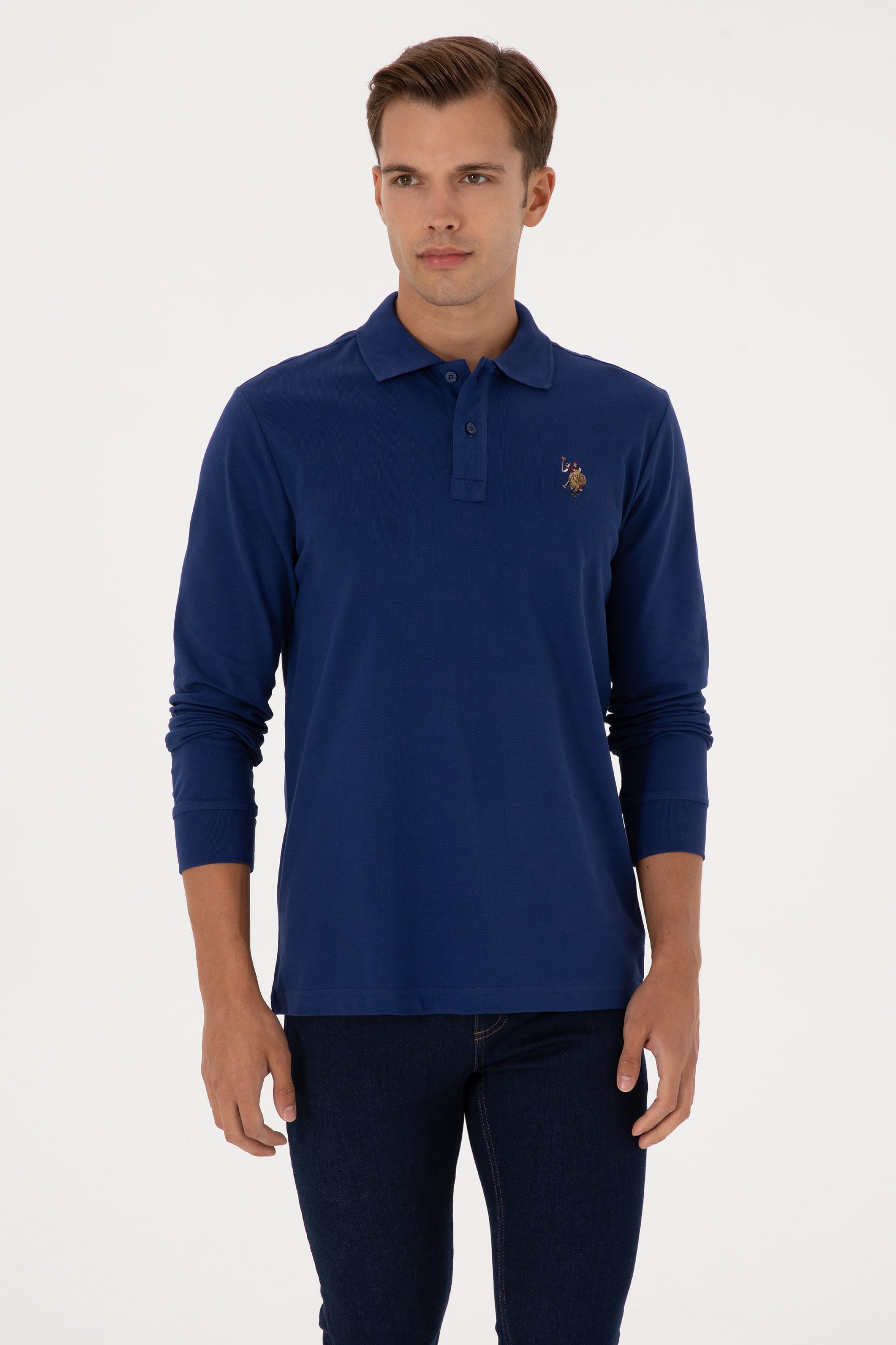 Erkek Regular Fit Polo Yaka İndigo Basic Sweatshirt - Image 1