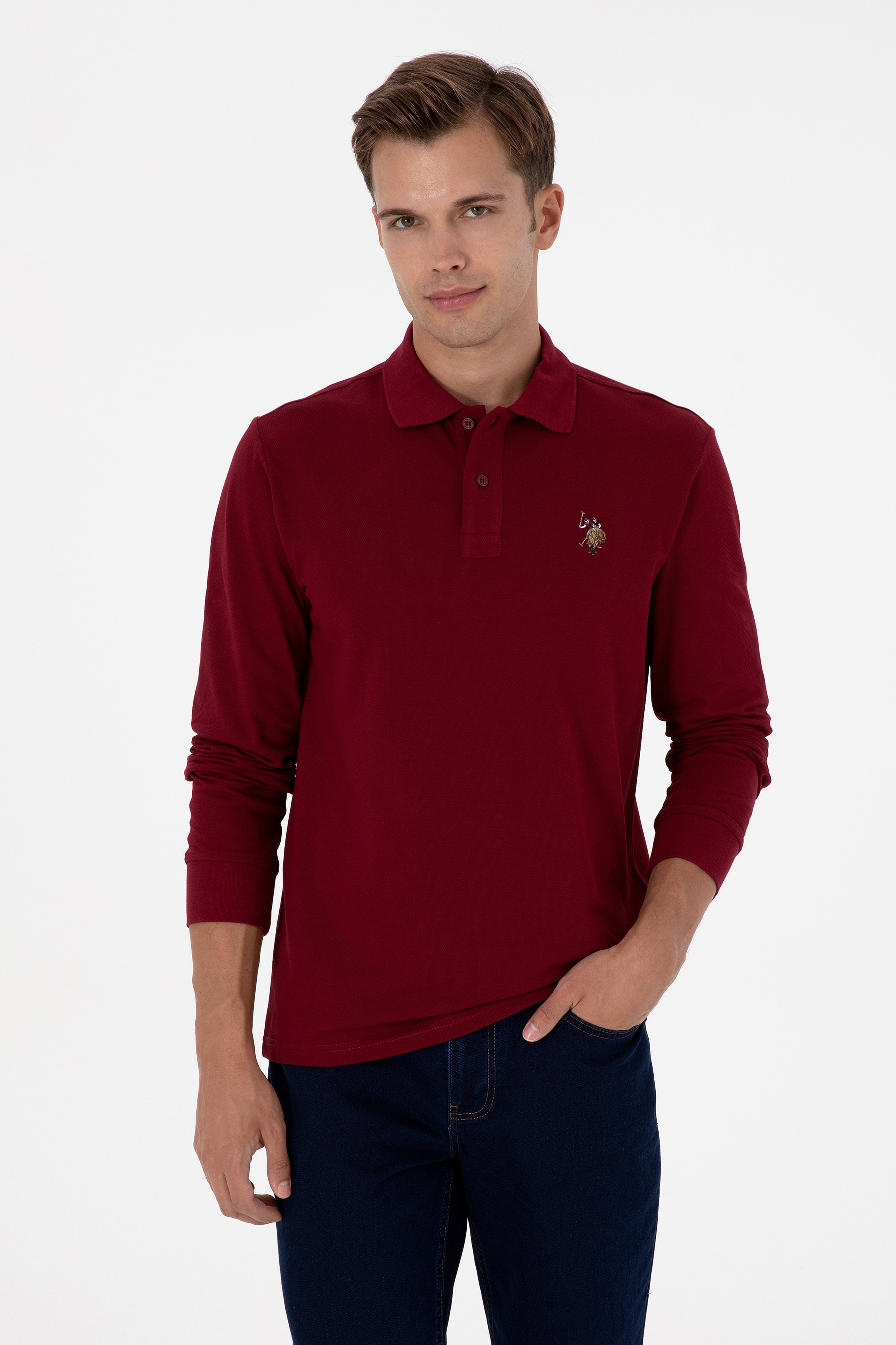 Erkek Regular Fit Polo Yaka Bordo Basic Sweatshirt - Image 1