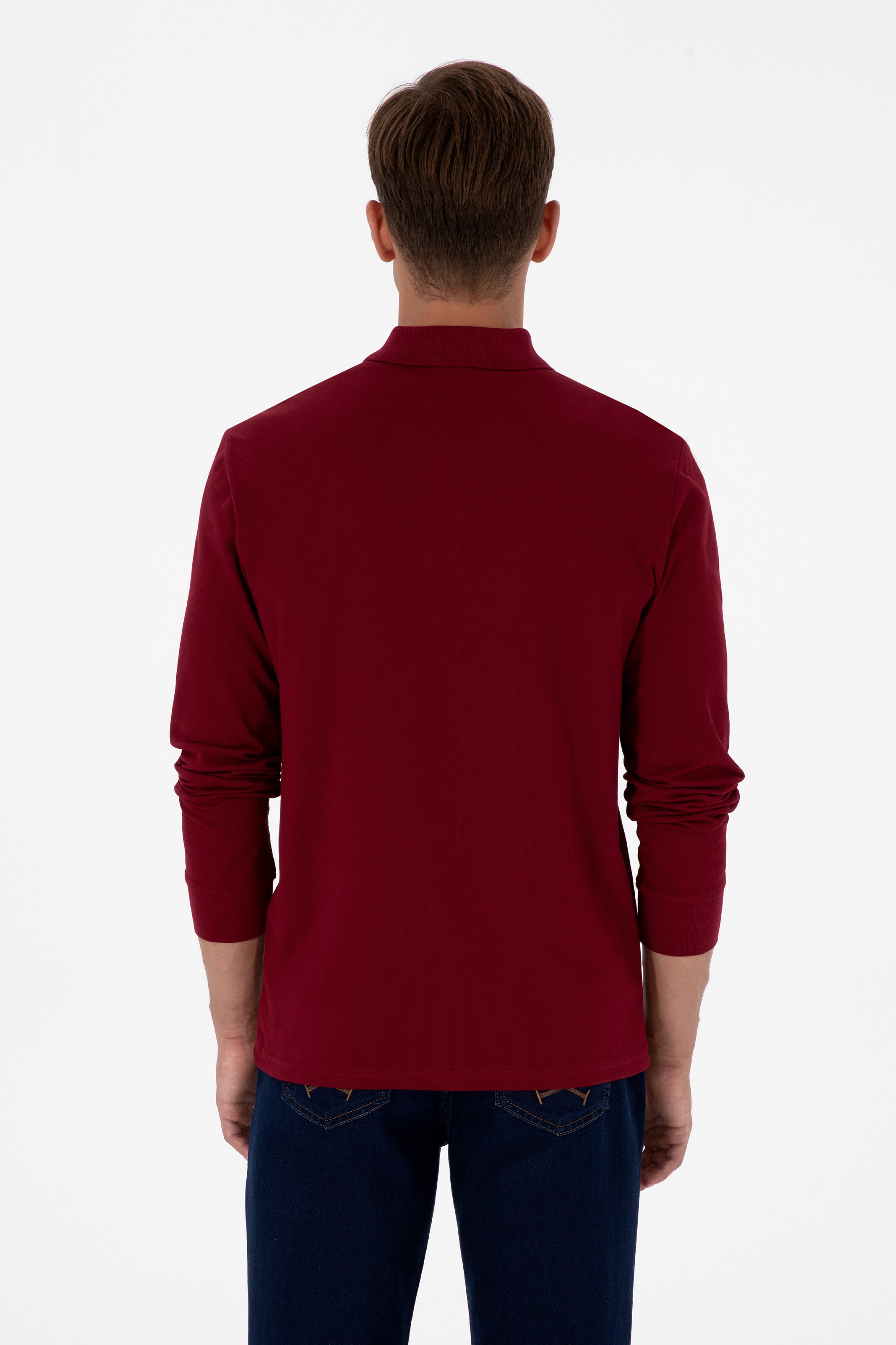 Erkek Regular Fit Polo Yaka Bordo Basic Sweatshirt - Image 5