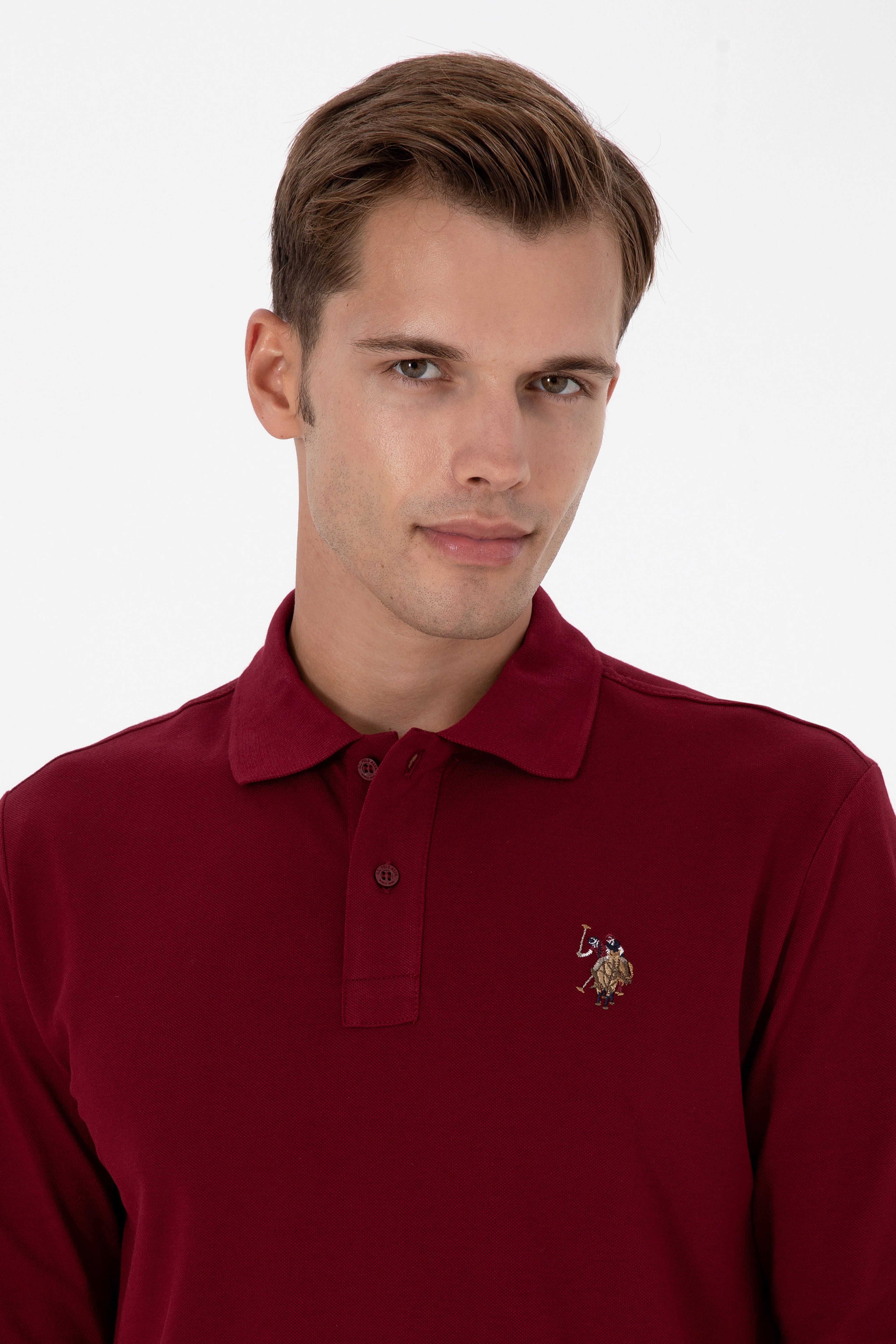 Erkek Regular Fit Polo Yaka Bordo Basic Sweatshirt - Image 2