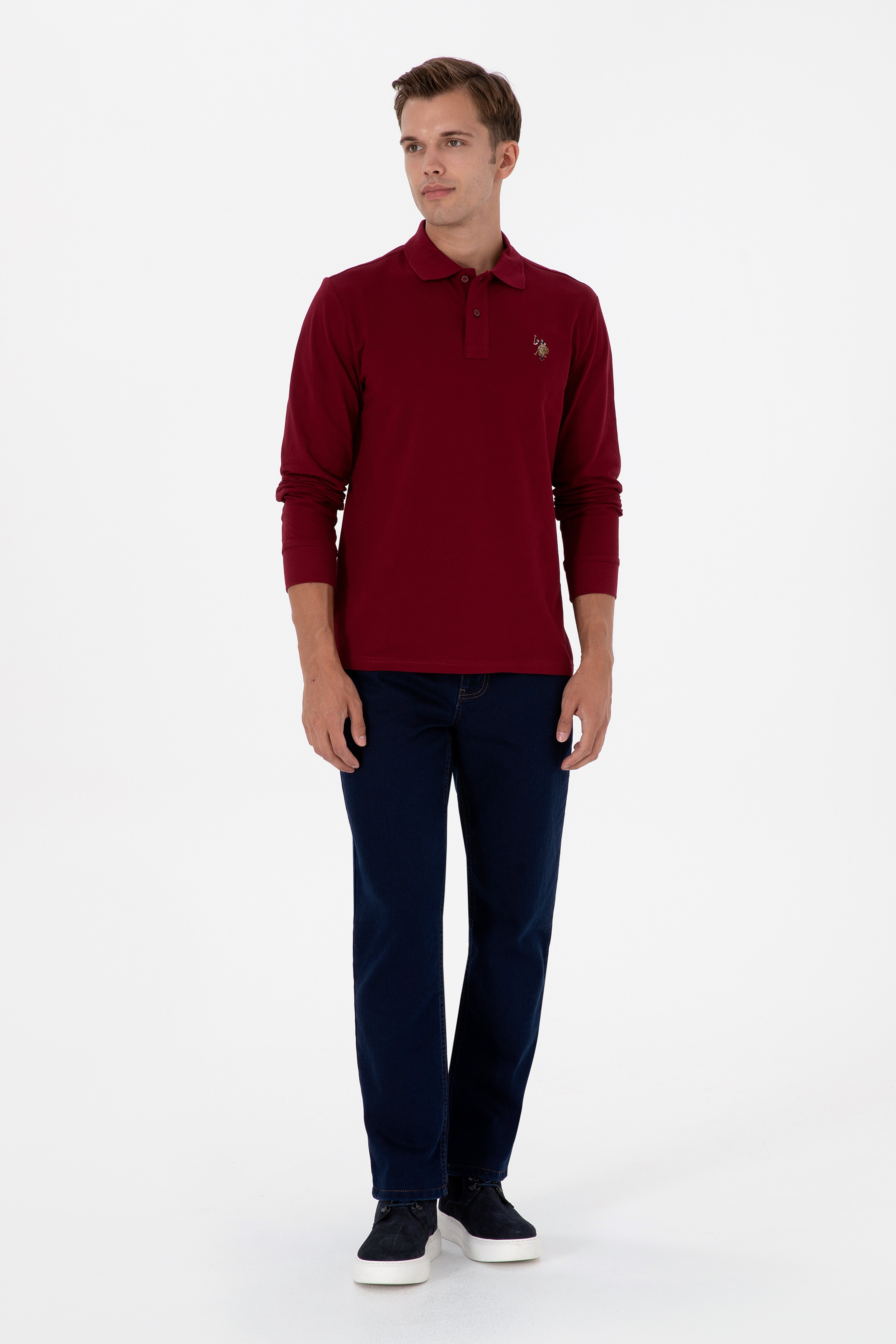 Erkek Regular Fit Polo Yaka Bordo Basic Sweatshirt - Image 4