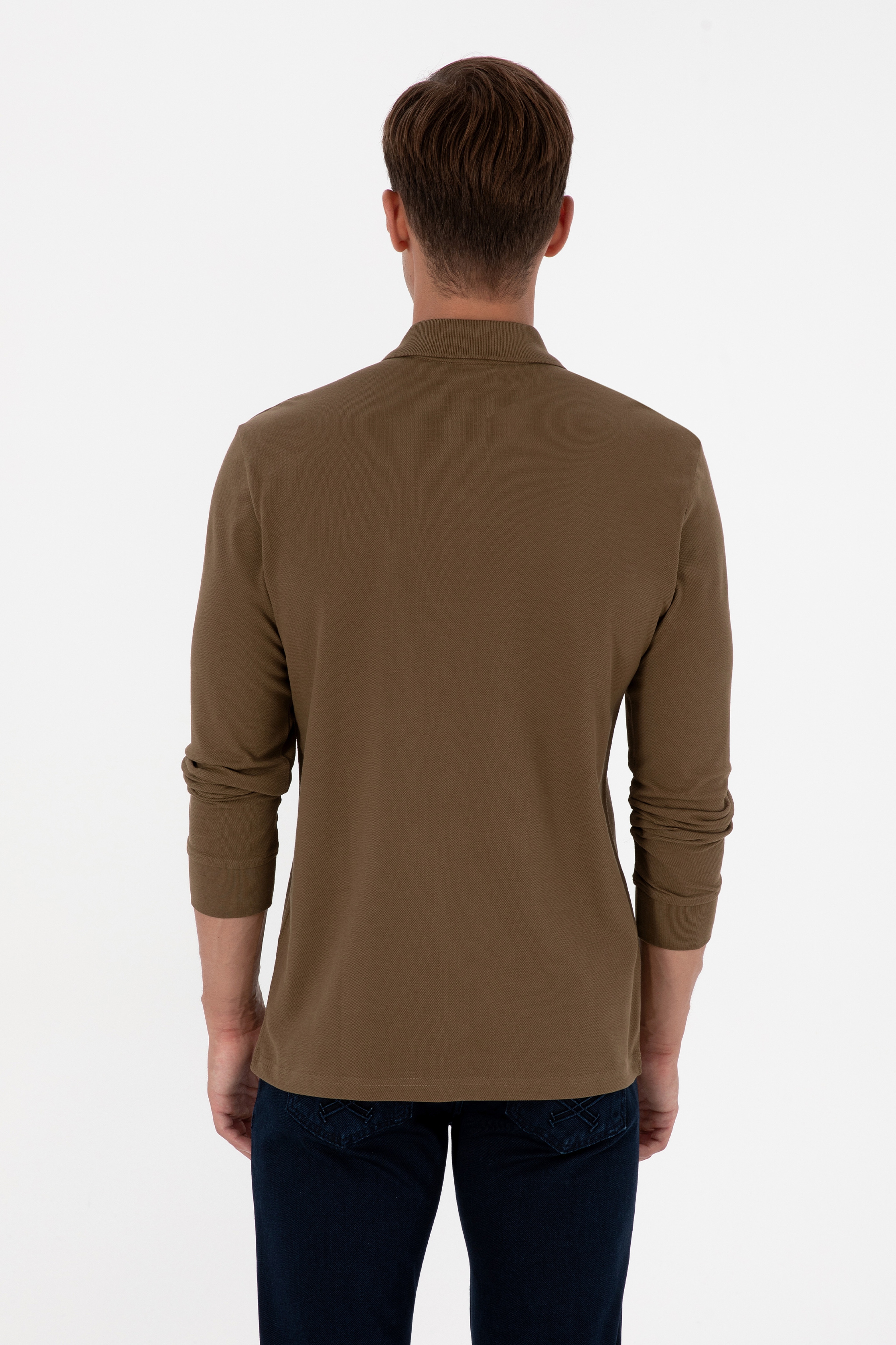 Erkek Regular Fit Polo Yaka Haki Basic Sweatshirt