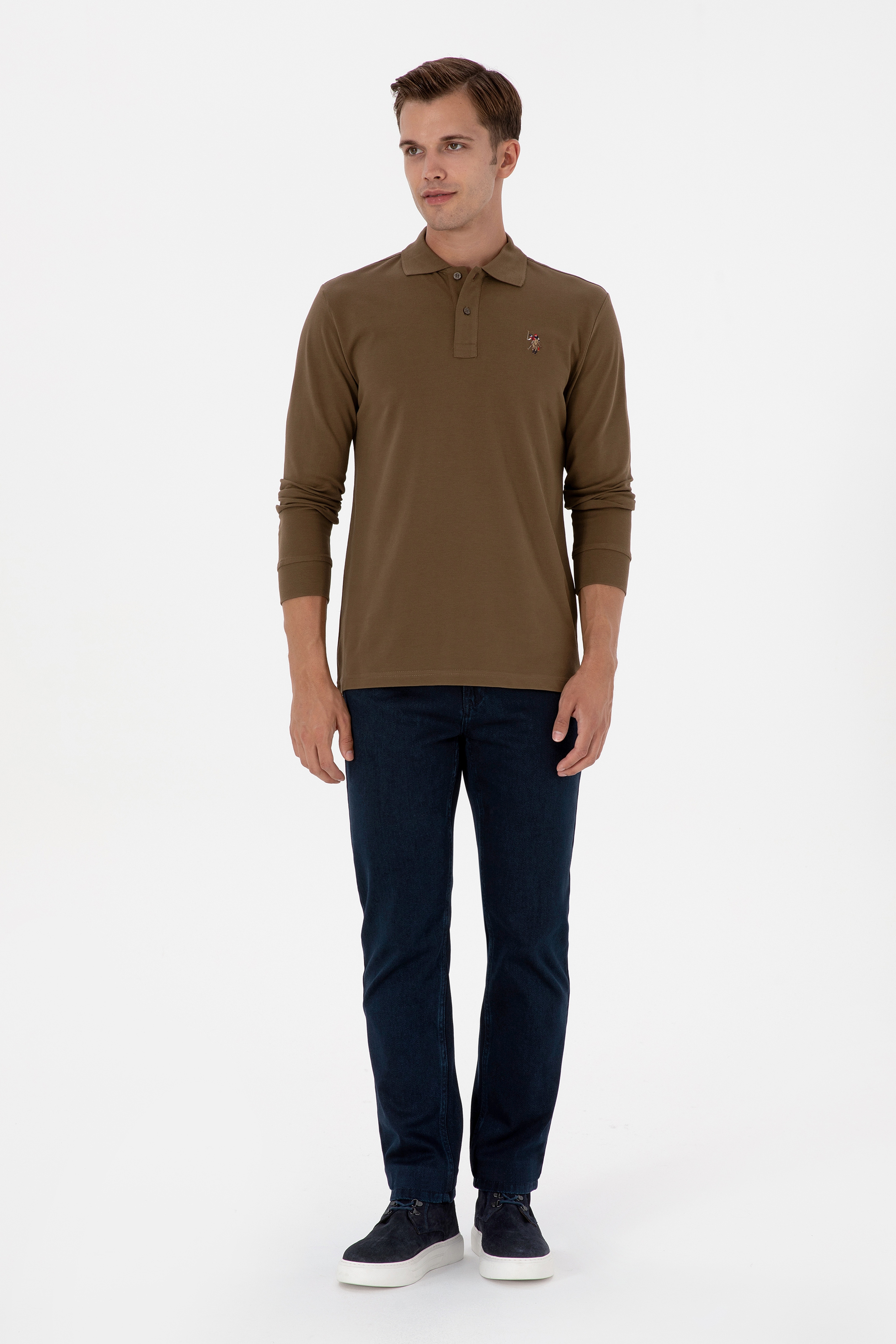 Erkek Regular Fit Polo Yaka Haki Basic Sweatshirt
