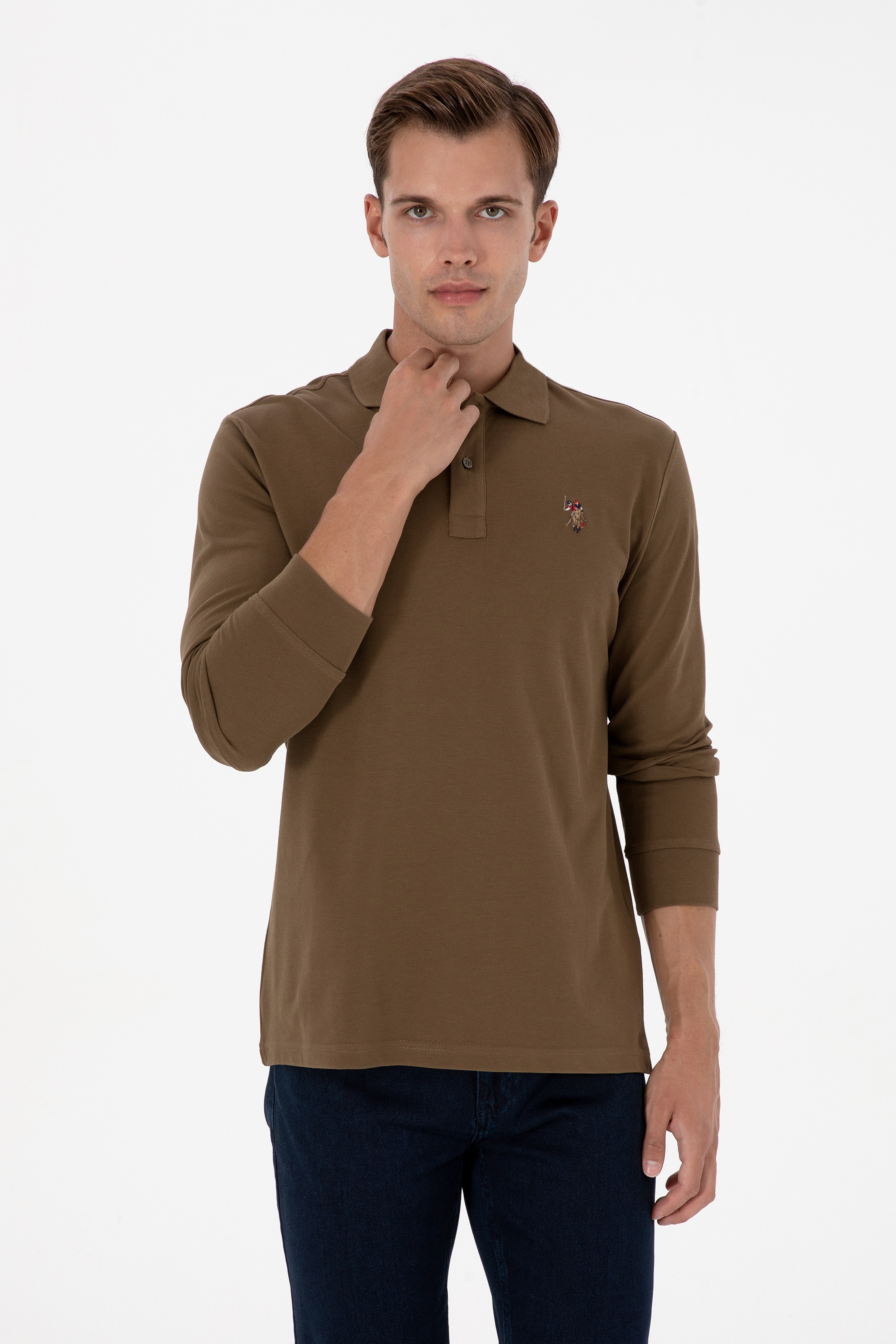 Erkek Regular Fit Polo Yaka Haki Basic Sweatshirt - Image 1