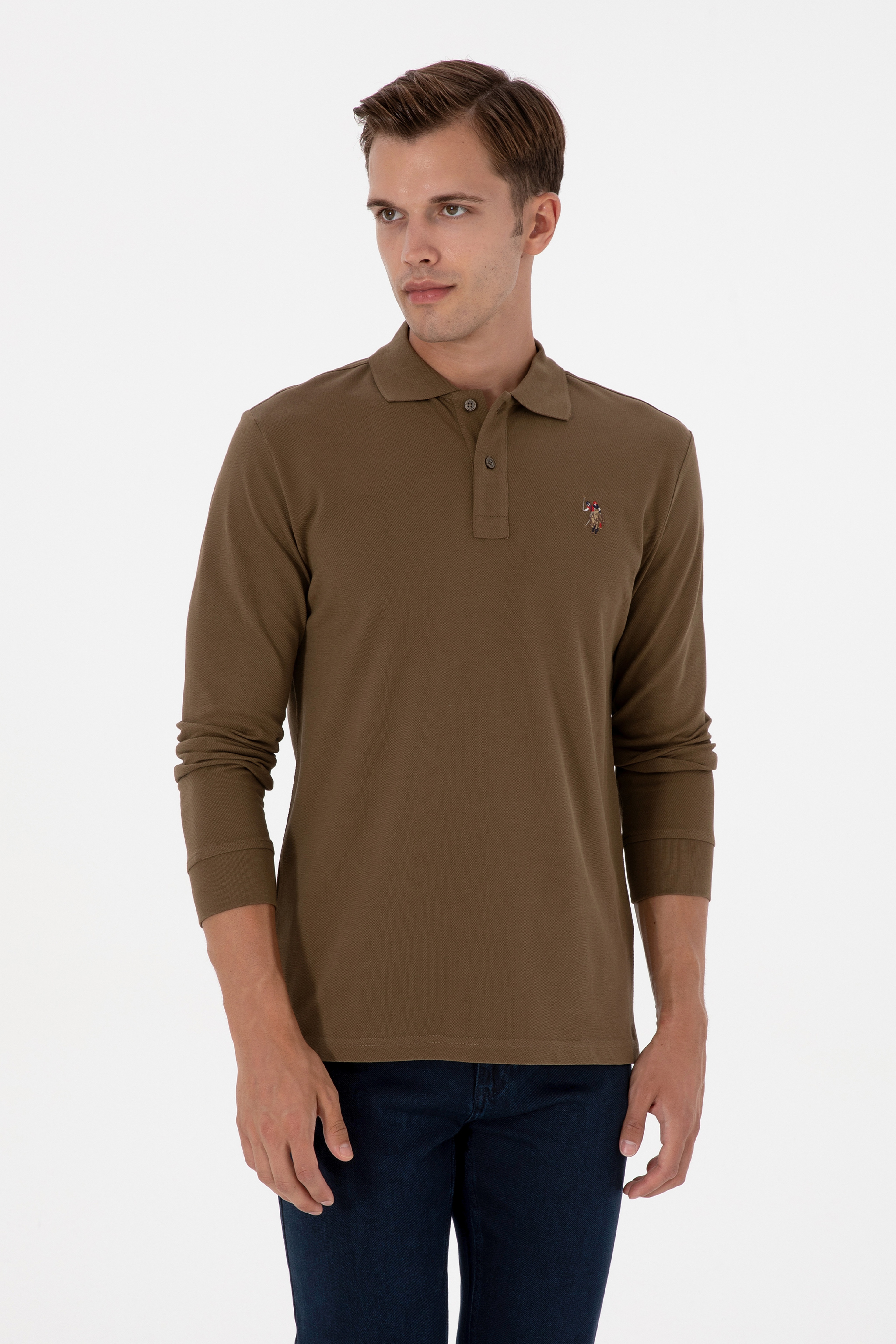 Erkek Regular Fit Polo Yaka Haki Basic Sweatshirt