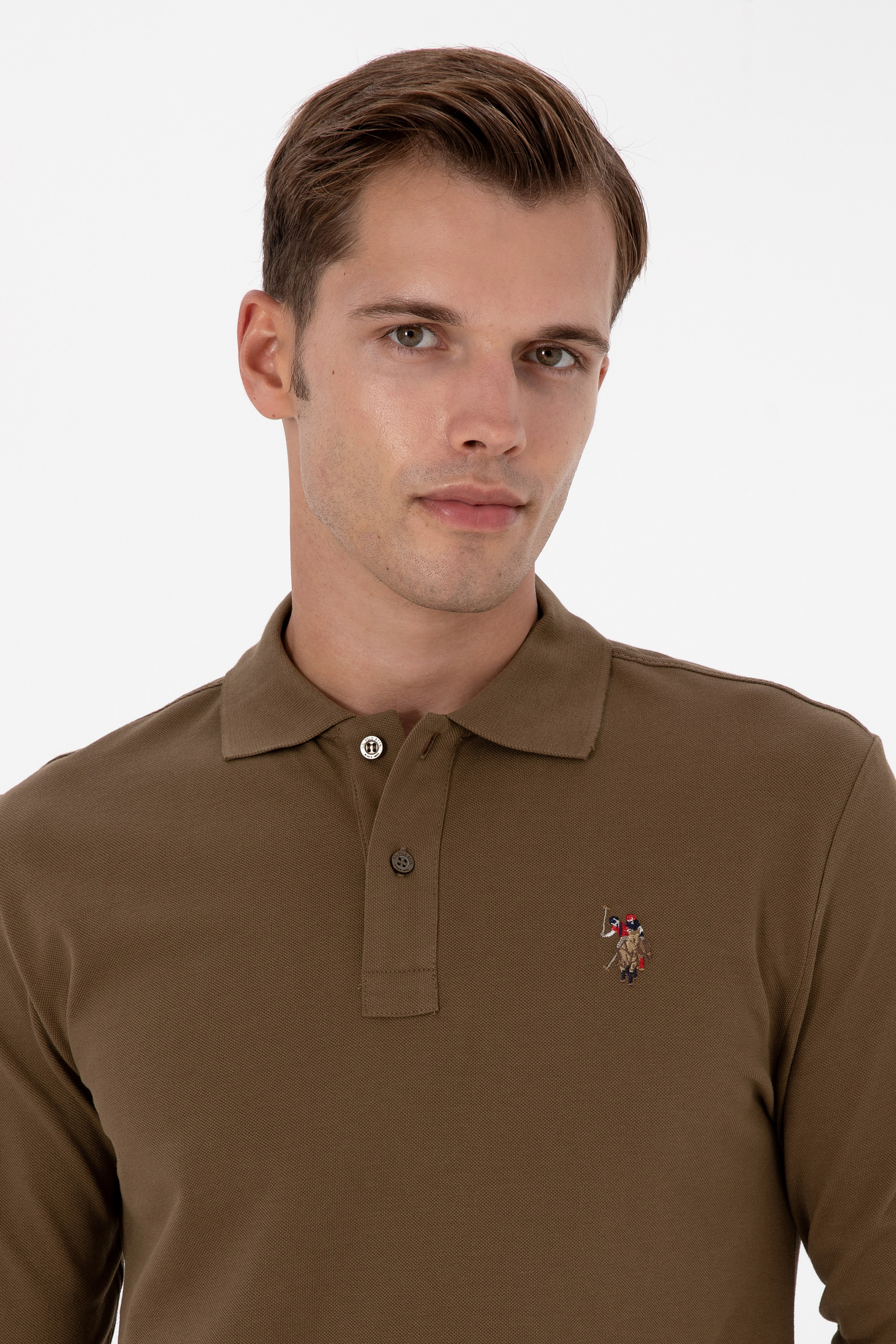 Erkek Regular Fit Polo Yaka Haki Basic Sweatshirt