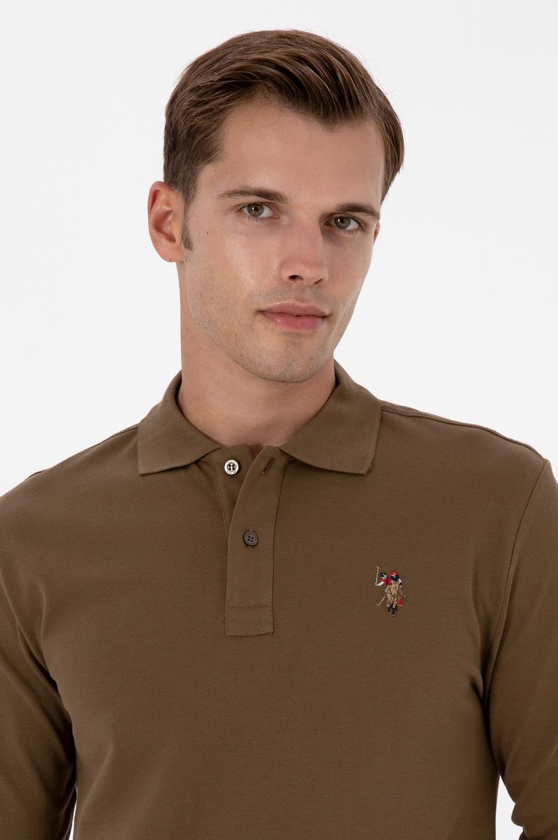 Erkek Regular Fit Polo Yaka Haki Basic Sweatshirt