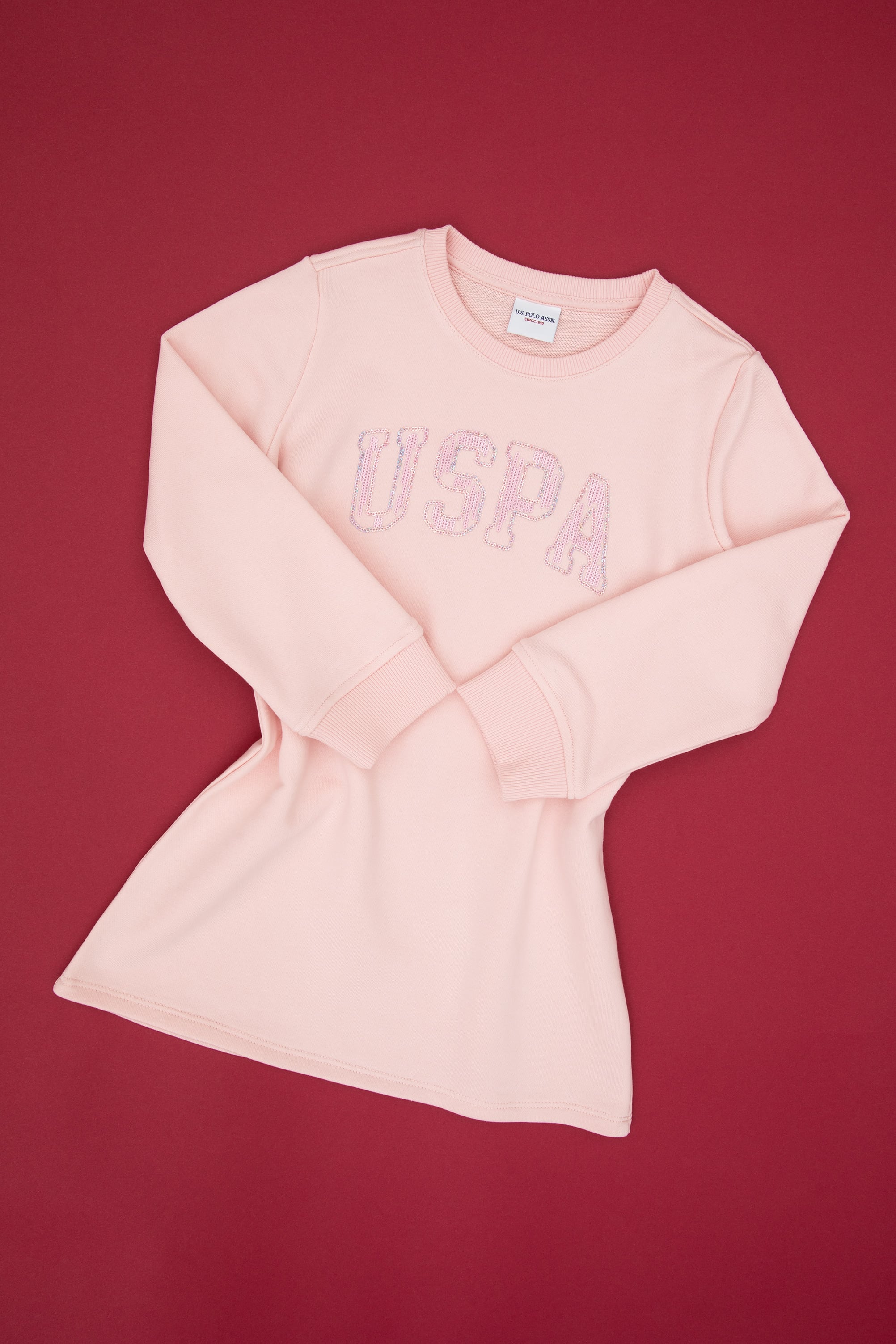 Kız Çocuk Toz Pembe Payet İşlemeli Sweat Örme Elbise - Image 1
