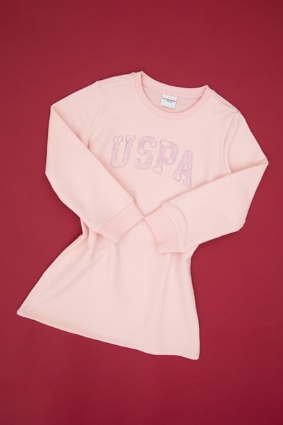 Kız Çocuk Toz Pembe Payet İşlemeli Sweat Örme Elbise