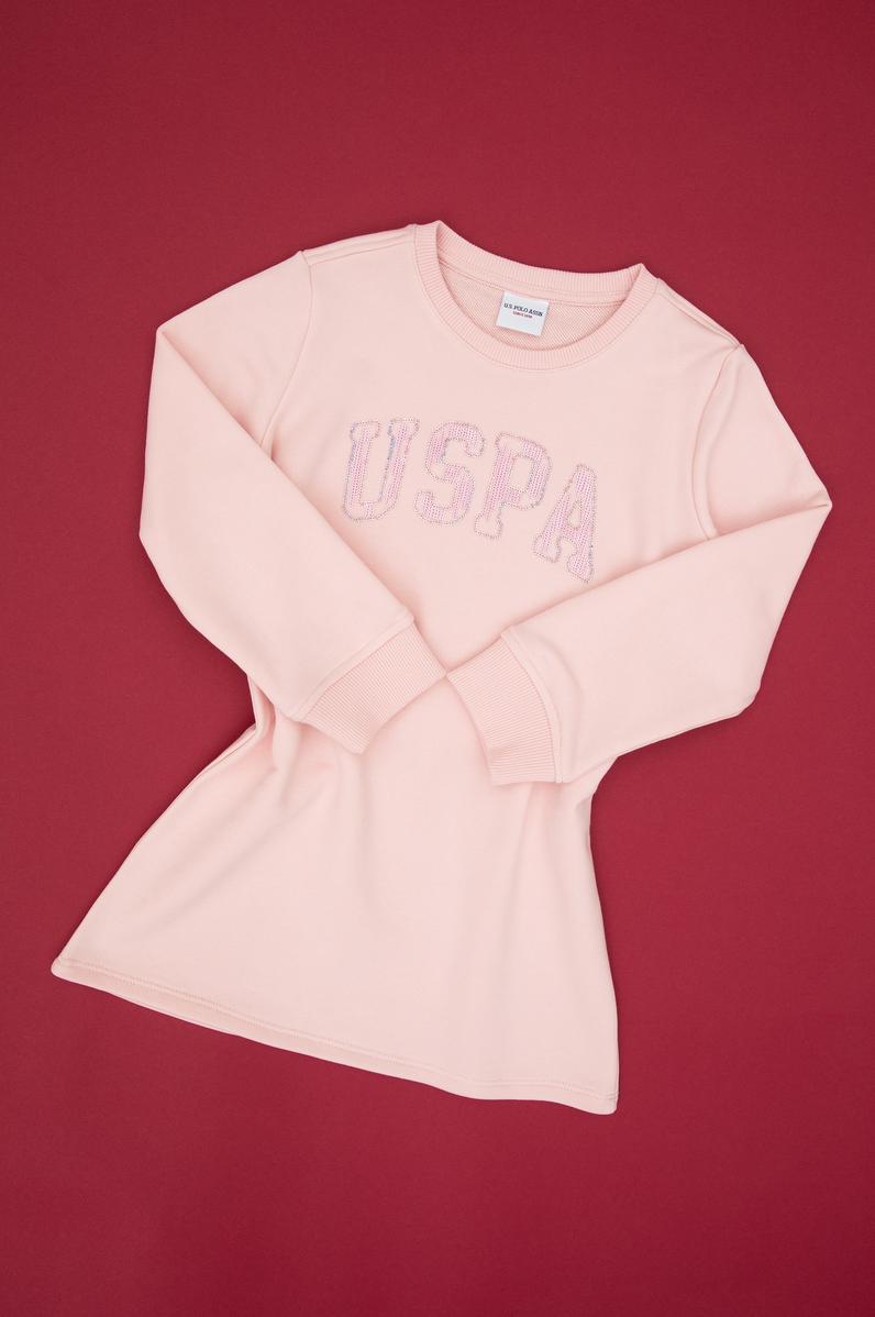 Kız Çocuk Toz Pembe Payet İşlemeli Sweat Örme Elbise