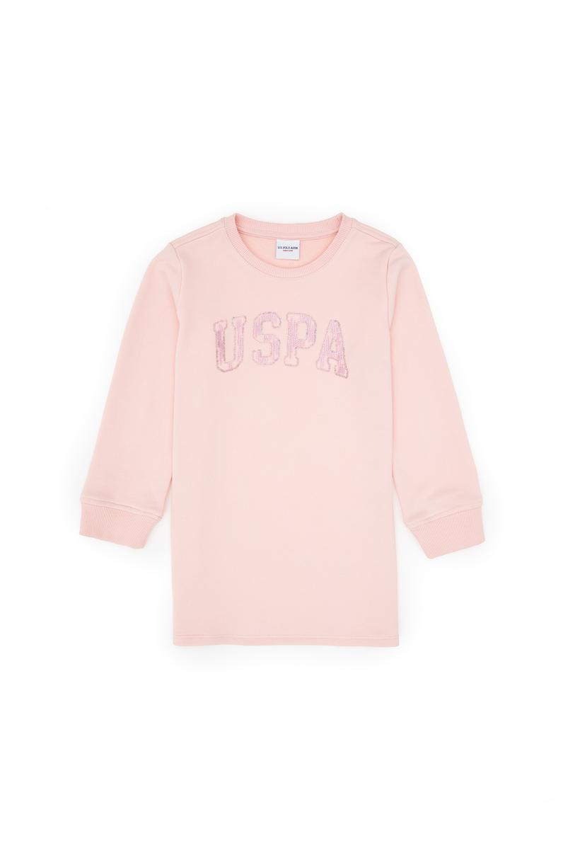 Kız Çocuk Toz Pembe Payet İşlemeli Sweat Örme Elbise