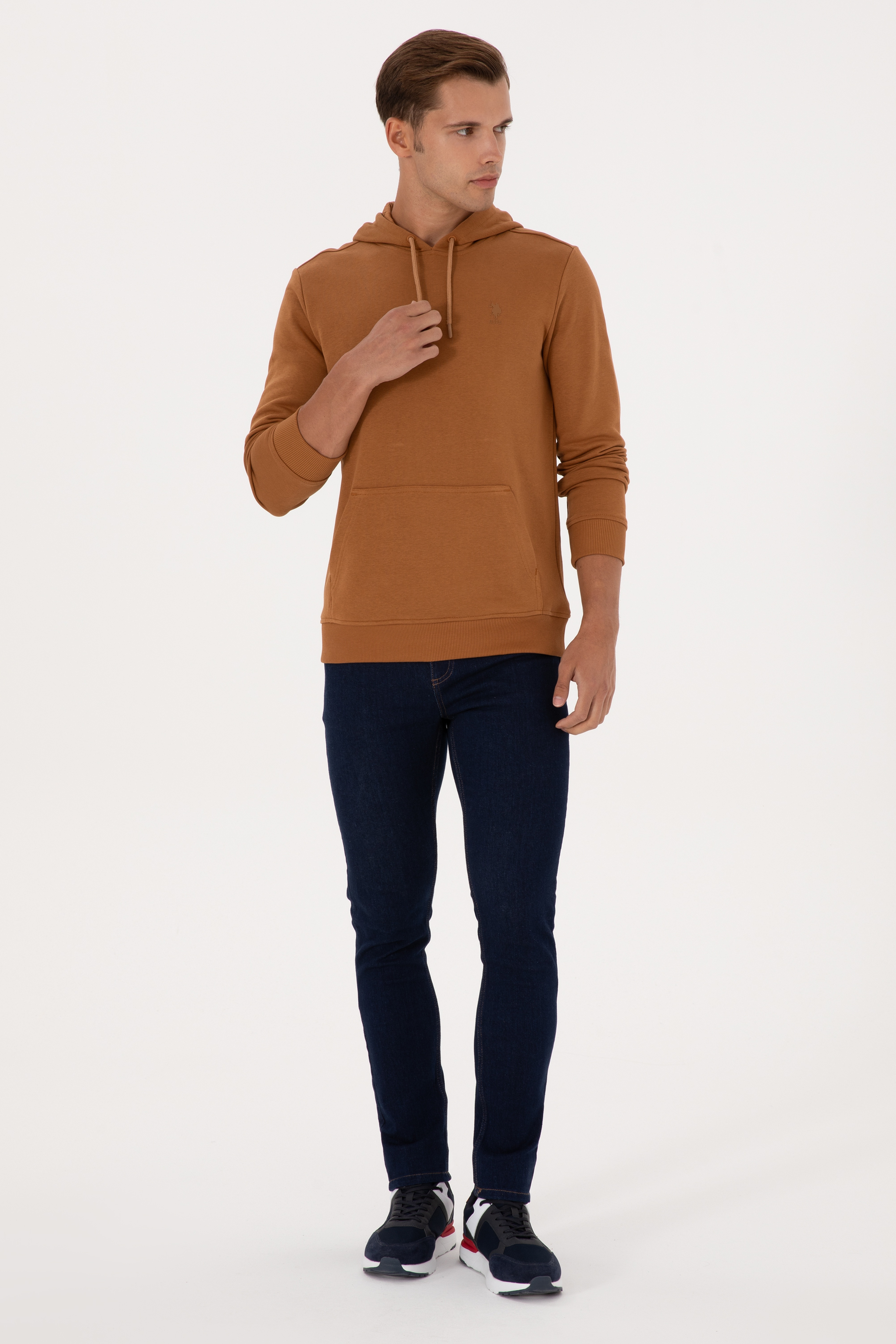 Erkek Regular Fit Kapüşonlu Camel Basic Sweatshirt - Image 4