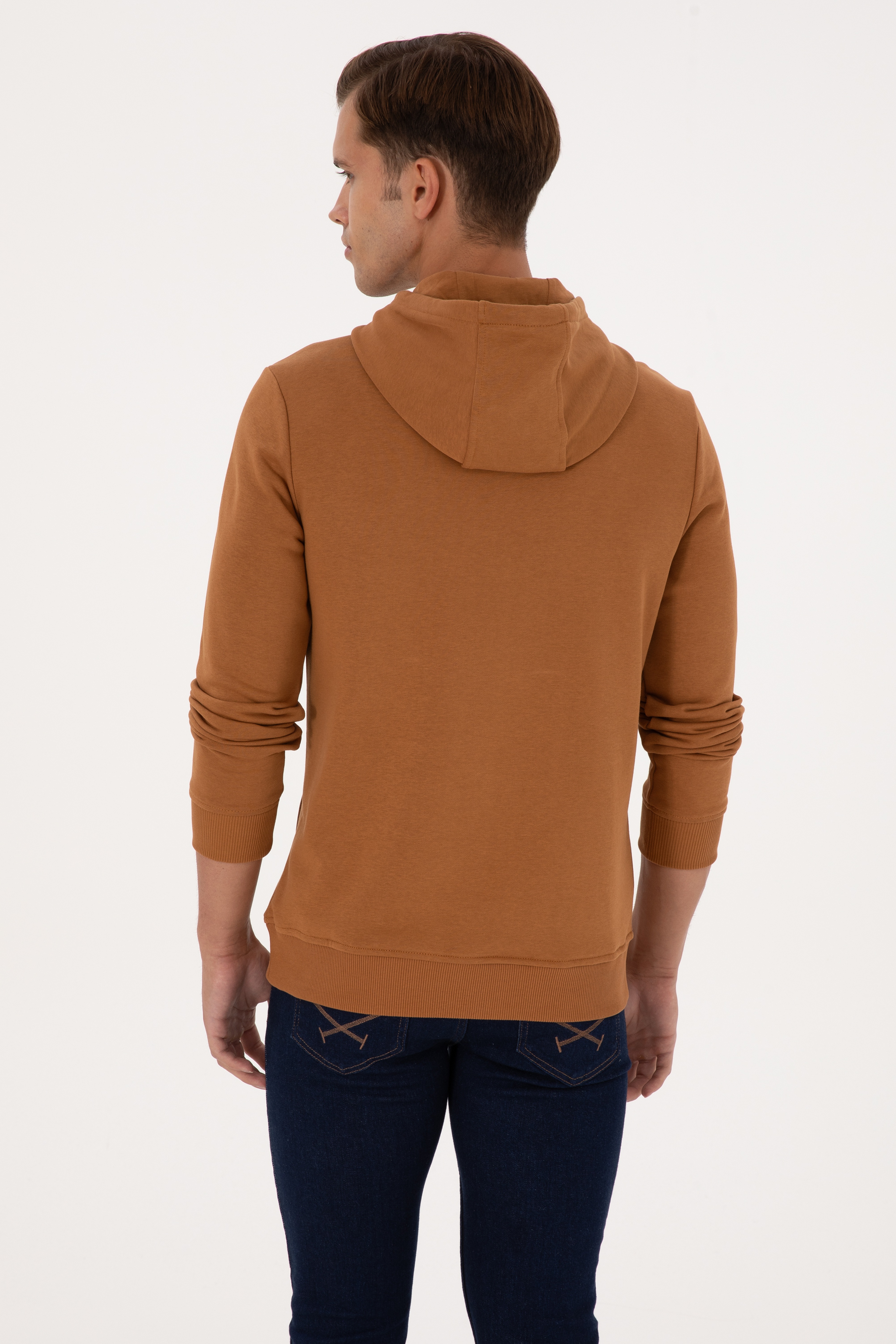 Erkek Regular Fit Kapüşonlu Camel Basic Sweatshirt - Image 5