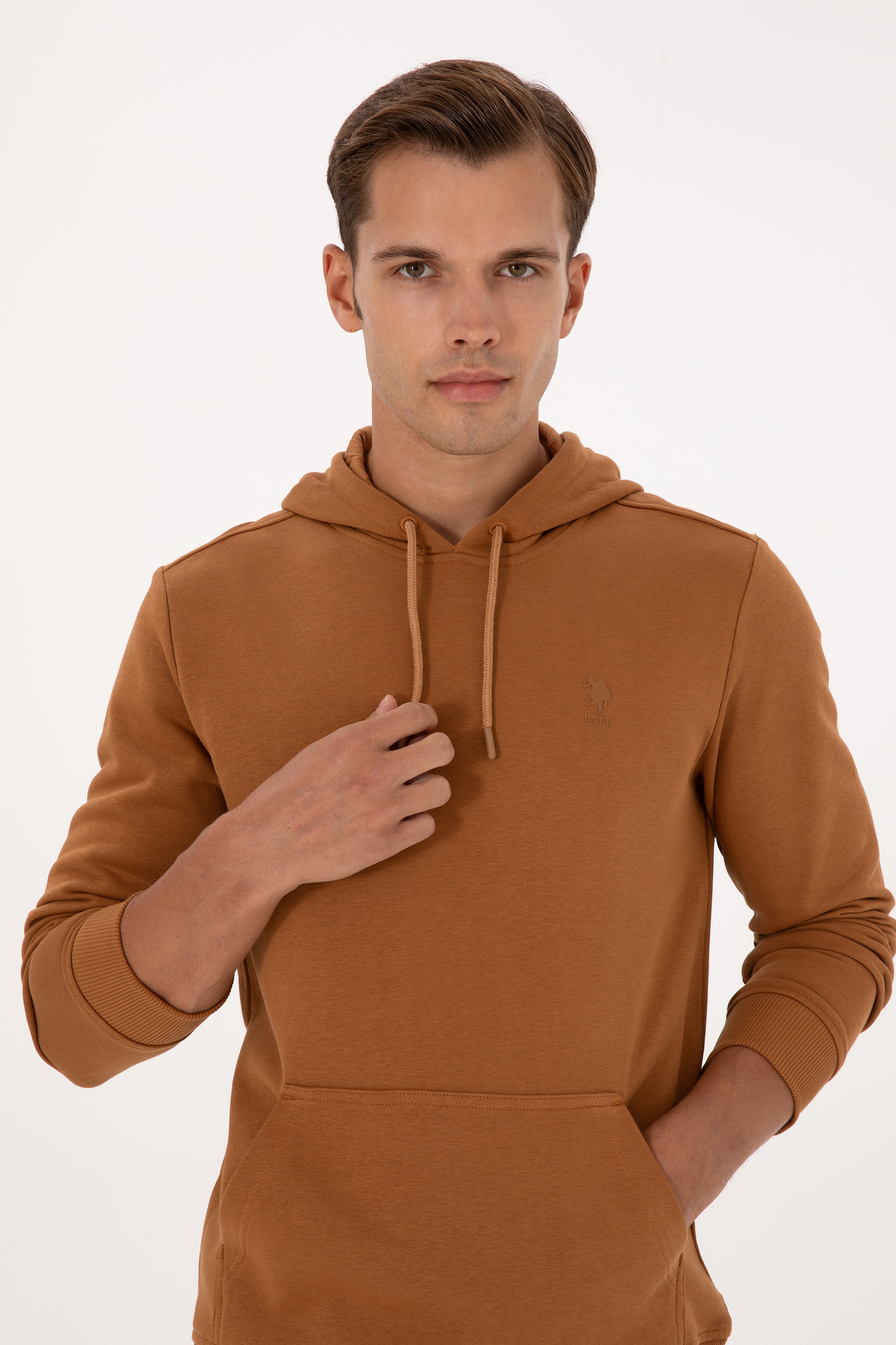 Erkek Regular Fit Kapüşonlu Camel Basic Sweatshirt - Image 2